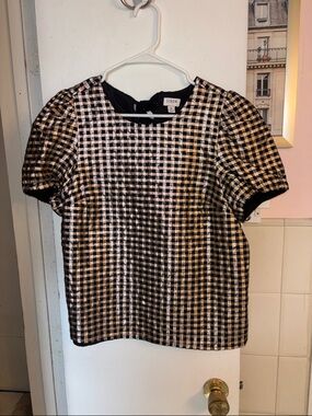J. Crew Black and Gold Gingham Puff Sleeve Top